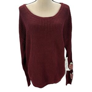 Crave Fame Long Sleeve Rose Patch Detail Crew Neck Sweater - Maroon Red - XL